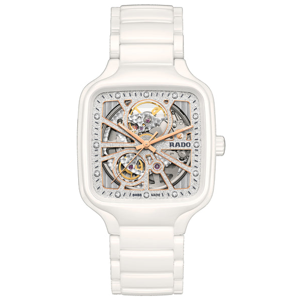 RADO 雷達錶 TRUE Square 真我方形系列白漾陶瓷鏤空自動機械腕錶 38mm R27073722