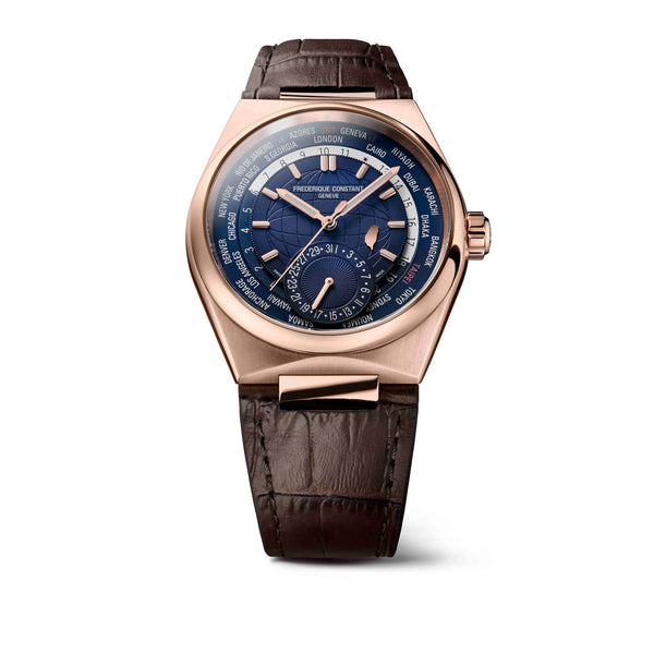 Frederique Constant 康斯登 HIGHLIFE 自製機芯世界時區18k玫瑰金台灣限定腕錶藍 41mm