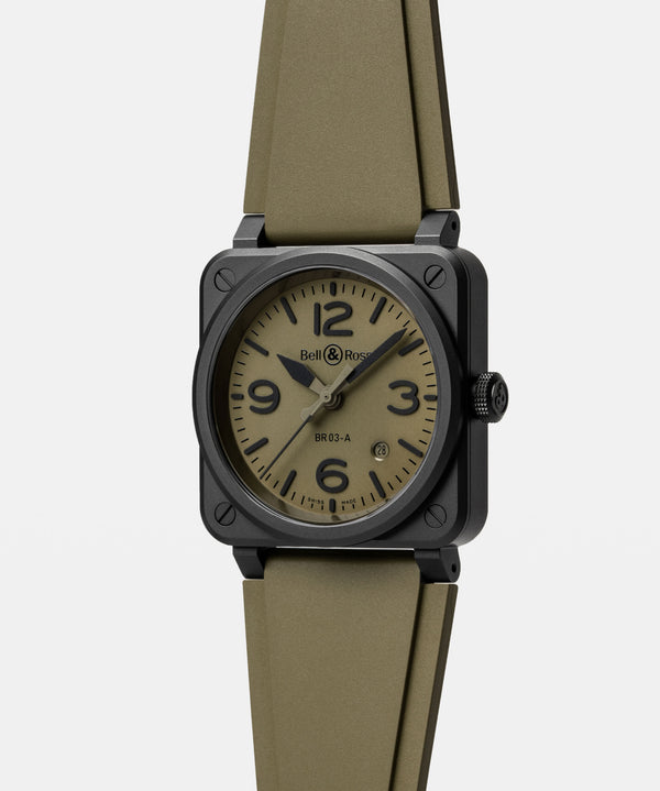Bell & Ross 柏萊士 BR-03 MILITARY CERAMIC 卡其黑色陶瓷自動腕錶 41mm BR03A-MIL-CE/SRB