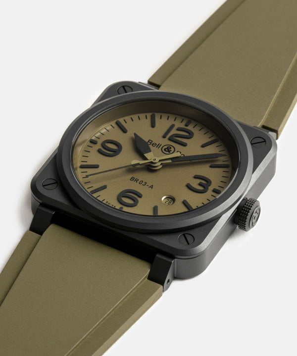 Bell & Ross 柏萊士 BR-03 MILITARY CERAMIC 卡其黑色陶瓷自動腕錶 41mm BR03A-MIL-CE/SRB