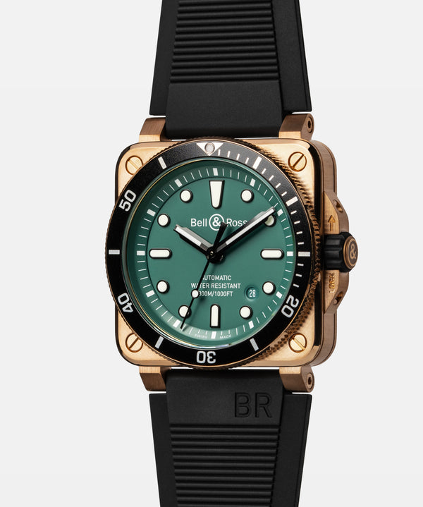 Bell & Ross 柏萊士 BR-03 DIVER BLACK & GREEN BRONZE 綠面青銅限量腕錶 42mm BR0392-D-LT-BR/SRB