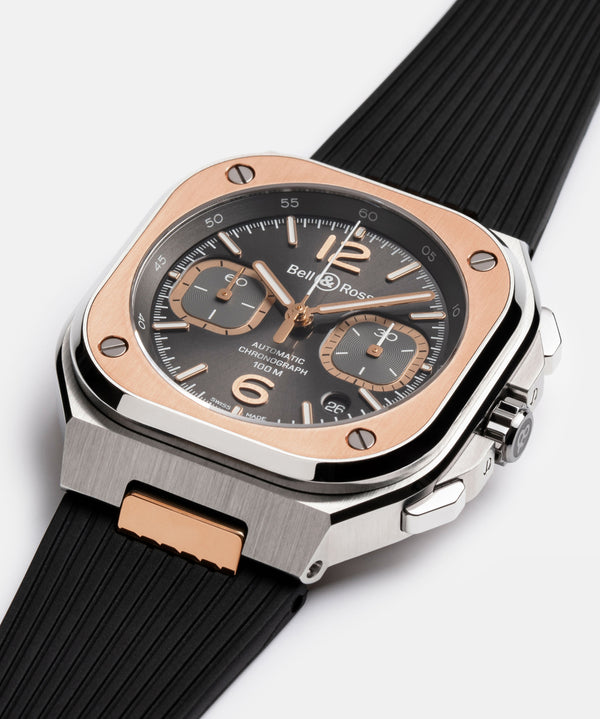 Bell & Ross 柏萊士 BR-05 CHRONO GREY STEEL & GOLD Rubber 不鏽鋼18k玫瑰金計時腕錶 42mm BR05C-RTH-STPG/SRB