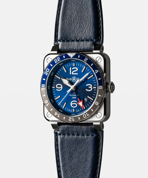 Bell & Ross 柏萊士 BR-03 GMT Blue 兩地時區藍灰圈機械腕錶 42mm BR0393-BLU-ST/SCA