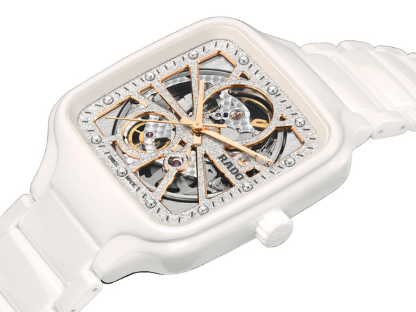 RADO 雷達錶 TRUE Square 真我方形系列白漾陶瓷鏤空自動機械腕錶 38mm R27073722