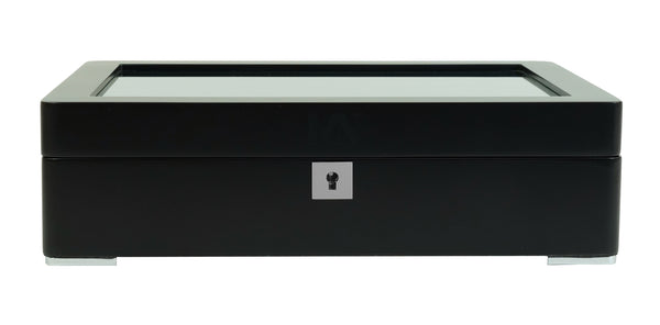 8格木製手錶收納盒 | 黑色啞光漆+綠色絨布內襯 | 鑰匙鎖設計