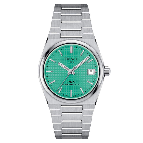 TISSOT 天梭 PRX 系列80小時自動款復古時尚機械腕錶薄荷面 35mm T1372071109101