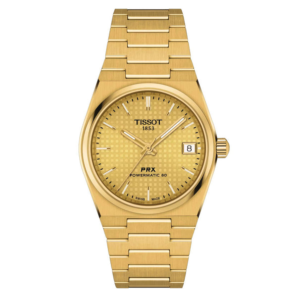 TISSOT 天梭 PRX 系列80小時自動款機械腕錶PVD金色鍊帶款 35mm T1372073302100