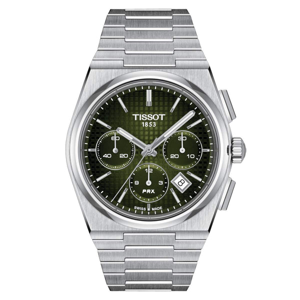 TISSOT 天梭 PRX 系列自動款綠面熊貓三眼機械計時碼錶 42mm T1374271109100