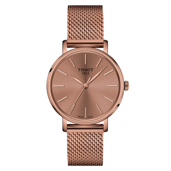 TISSOT 天梭 Everytime 系列簡約PVD玫瑰金米蘭石英腕錶 34mm T1432103333100