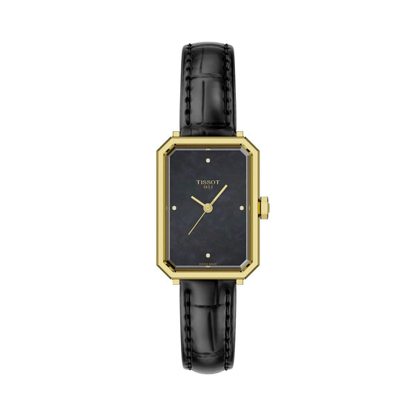 TISSOT 天梭 SRV系列方形時尚黃金PVD真鑽珍珠母貝石英女士腕錶 30x22mm T1601103612600