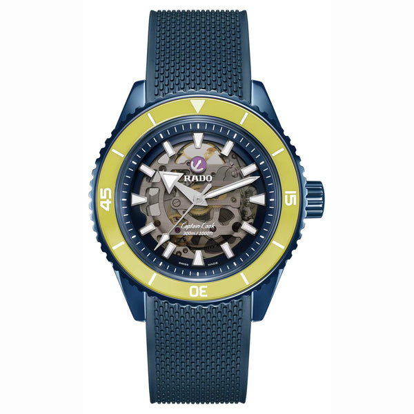 RADO 雷達錶 Captain Cook 庫克船長高科技海軍藍陶瓷黃色外圈鏤空潛水限量版腕錶 43mm R32152208