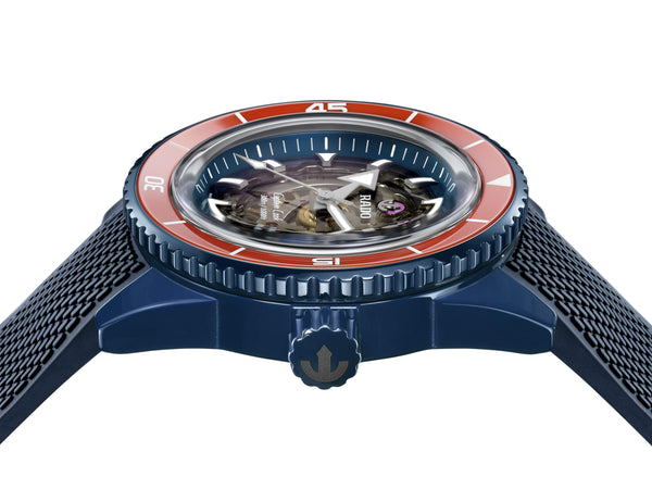 RADO 雷達錶 Captain Cook 庫克船長高科技海軍藍陶瓷紅色外圈鏤空潛水限量版腕錶 43mm R32152209