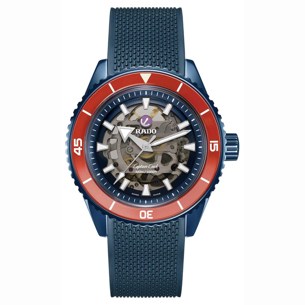 RADO 雷達錶 Captain Cook 庫克船長高科技海軍藍陶瓷紅色外圈鏤空潛水限量版腕錶 43mm R32152209