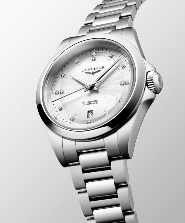 LONGINES 浪琴 Conquest 征服者系列珍珠母貝鑽面優雅時尚運動腕錶 30mm L33204876