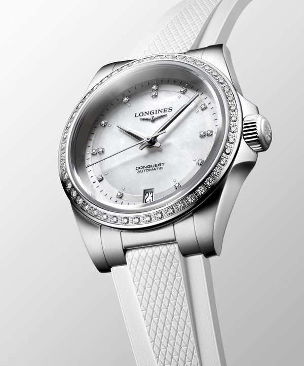 LONGINES 浪琴 Conquest 征服者系列珍珠母貝鑲鑽優雅時尚運動腕錶 34mm L34300879