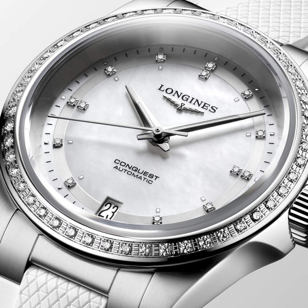LONGINES 浪琴 Conquest 征服者系列珍珠母貝鑲鑽優雅時尚運動腕錶 34mm L34300879