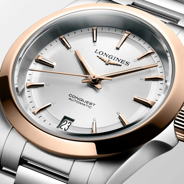 LONGINES 浪琴 Conquest 征服者系列不鏽鋼及18k玫瑰金優雅時尚運動腕錶 34mm L34305726