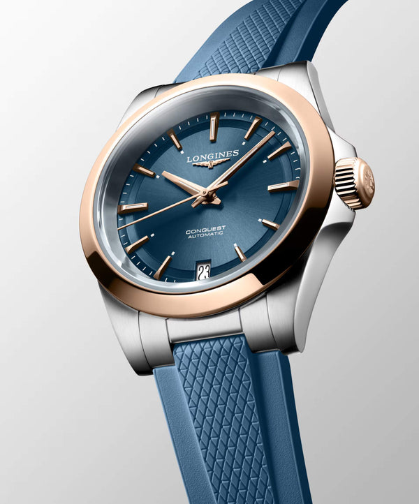 LONGINES 浪琴 Conquest 征服者系列不鏽鋼及18k玫瑰金優雅時尚運動腕錶 34mm L34305929