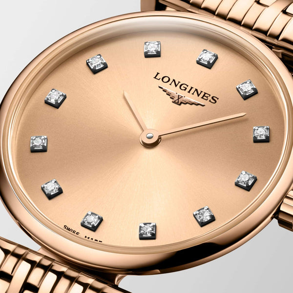 LONGINES 浪琴嘉嵐超薄鑽面PVD玫瑰金石英腕錶 24mm L42091908