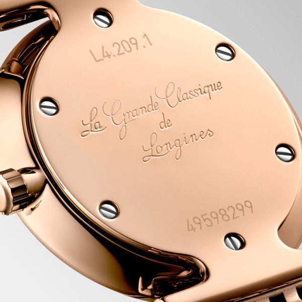 LONGINES 浪琴嘉嵐超薄鑽面PVD玫瑰金石英腕錶 24mm L42091908