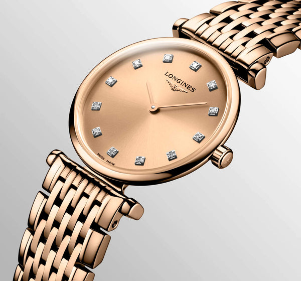LONGINES 浪琴嘉嵐超薄鑽面PVD玫瑰金石英腕錶 24mm L42091908