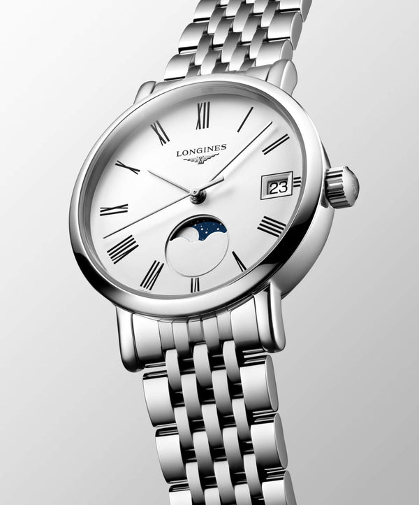 LONGINES 浪琴 Elegant 優雅系列不銹鋼月相羅馬時標石英錶 30mm L43304116