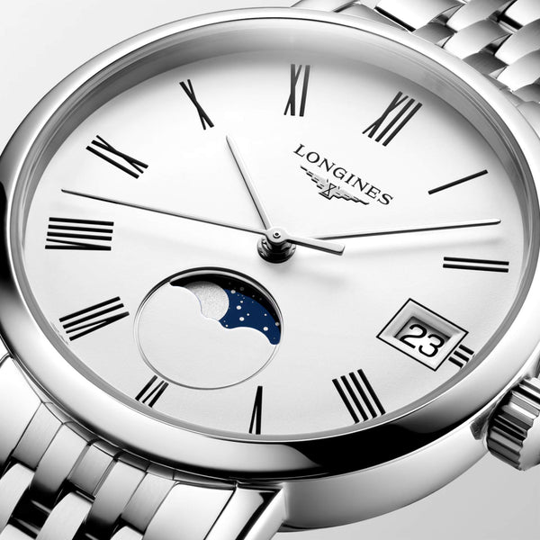 LONGINES 浪琴 Elegant 優雅系列不銹鋼月相羅馬時標石英錶 30mm L43304116