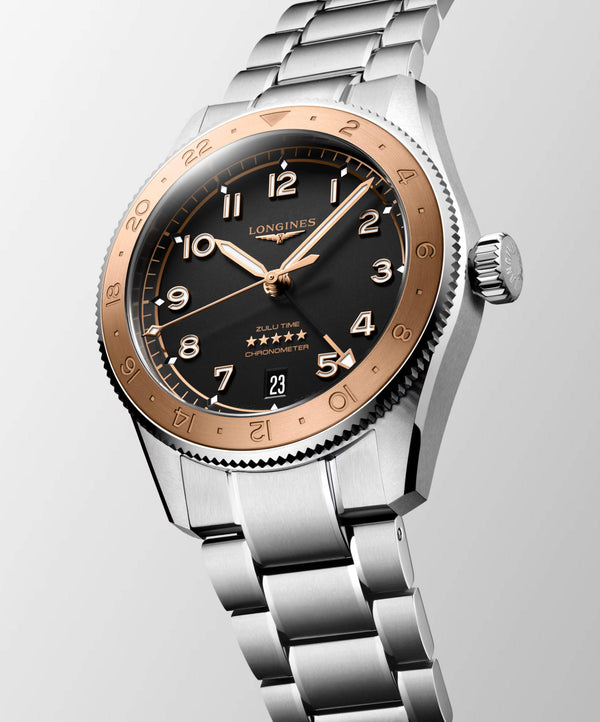 LONGINES 浪琴 Spirit 先行者系列 Zulu Time 1925 世界時區不鏽鋼及18K玫瑰金100周年紀念腕錶 39mm L38035536