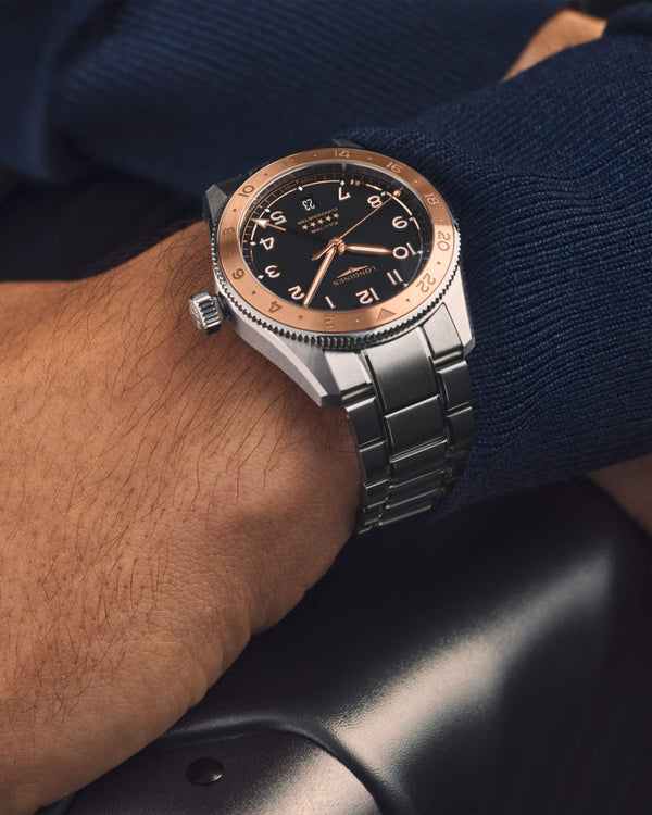 LONGINES 浪琴 Spirit 先行者系列 Zulu Time 1925 世界時區不鏽鋼及18K玫瑰金100周年紀念腕錶 39mm L38035536