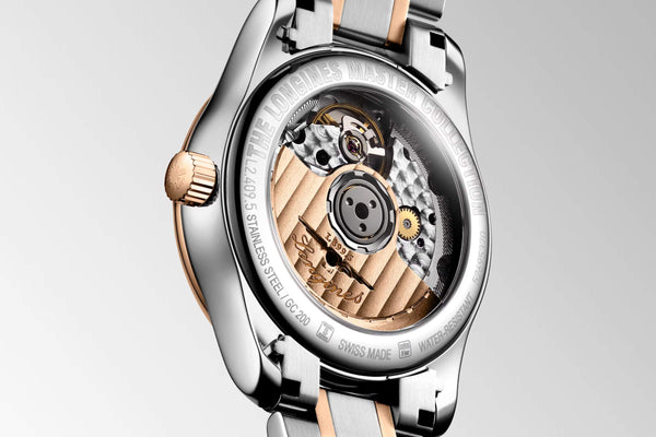 LONGINES 浪琴 MASTER 巨擘系列月相18k玫瑰金鋼鑽母貝面月相機械腕錶 34mm L24095897