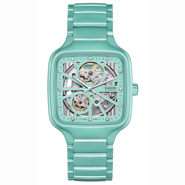 RADO 雷達錶 TRUE Square 真我方形系列綠松石陶瓷自動機械腕錶 R27176712