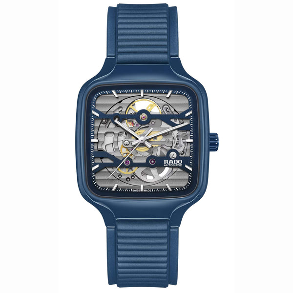 RADO 雷達錶 TRUE SQUARE 真我系列方形開芯海軍藍陶瓷鏤空機械腕錶 R27178205