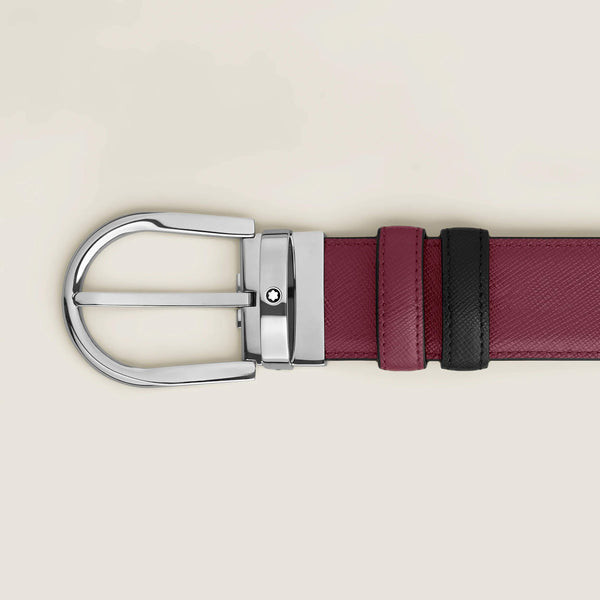 MONTBLANC 萬寶龍 馬蹄形搭扣黑色 / 黑醋栗色 35 毫米雙面皮帶 MB199638
