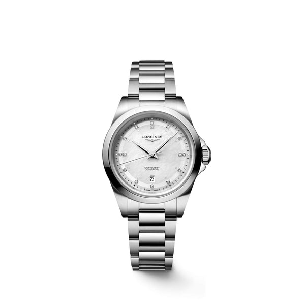 LONGINES 浪琴 Conquest 征服者系列珍珠母貝鑽面優雅時尚運動腕錶 30mm L33204876