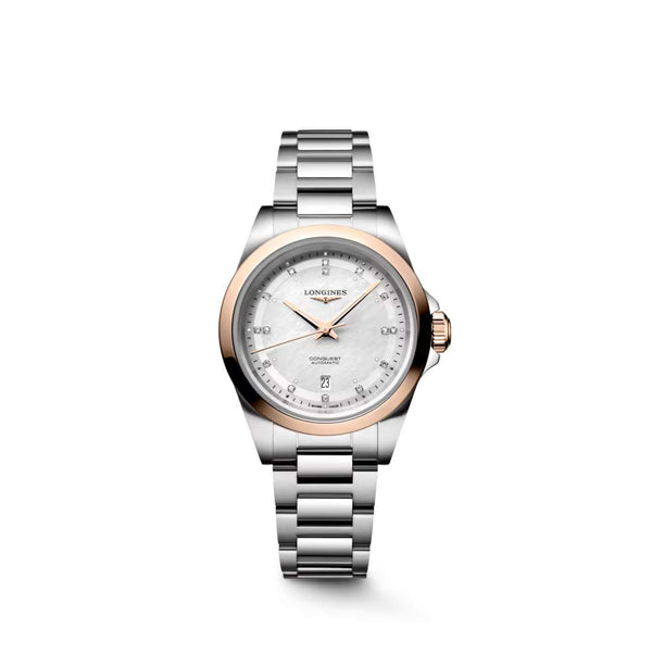 LONGINES 浪琴 Conquest 征服者系列不鏽鋼及18K玫瑰金珍珠母貝鑽面優雅時尚運動腕錶 30mm L33205876