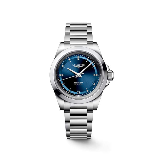 LONGINES 浪琴 Conquest 征服者系列藍色鑽面優雅時尚運動腕錶 34mm L34304976
