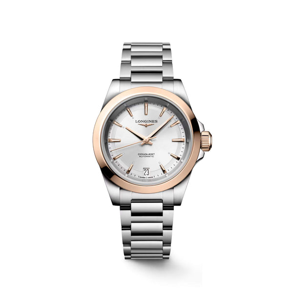 LONGINES 浪琴 Conquest 征服者系列不鏽鋼及18k玫瑰金優雅時尚運動腕錶 34mm L34305726