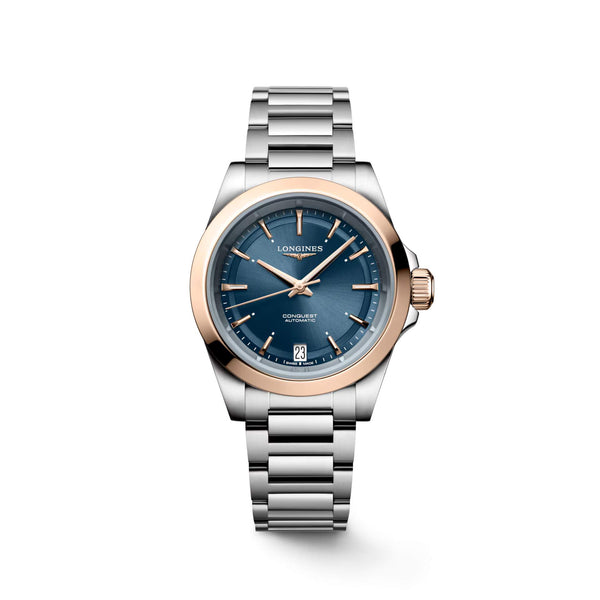 LONGINES 浪琴 Conquest 征服者系列不鏽鋼及18k玫瑰金優雅時尚運動腕錶 34mm L34305926