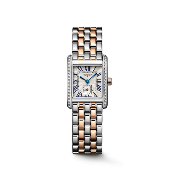 LONGINES 浪琴 Mini DolceVita 迷你多情系列18k玫瑰金不銹鋼鑽圈雙色優雅石英腕錶 21.50x29.00mm L52005797