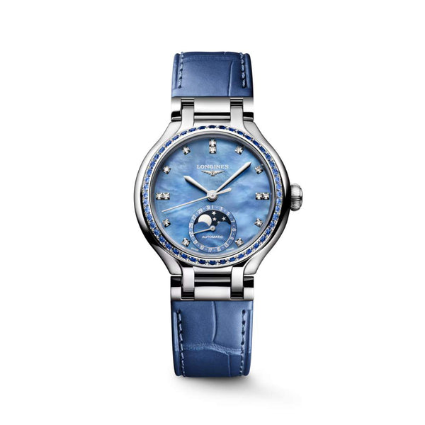 LONGINES 浪琴 PrimaLuna 新月系列藍寶石藍色珍珠母貝真鑽月相優雅機械女錶 34mm L81260972