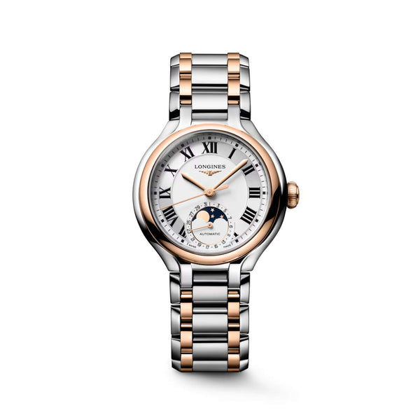 LONGINES 浪琴 PrimaLuna 新月系列羅馬時標月相優雅機械不鏽鋼及18k玫瑰金女錶 34mm L81265717