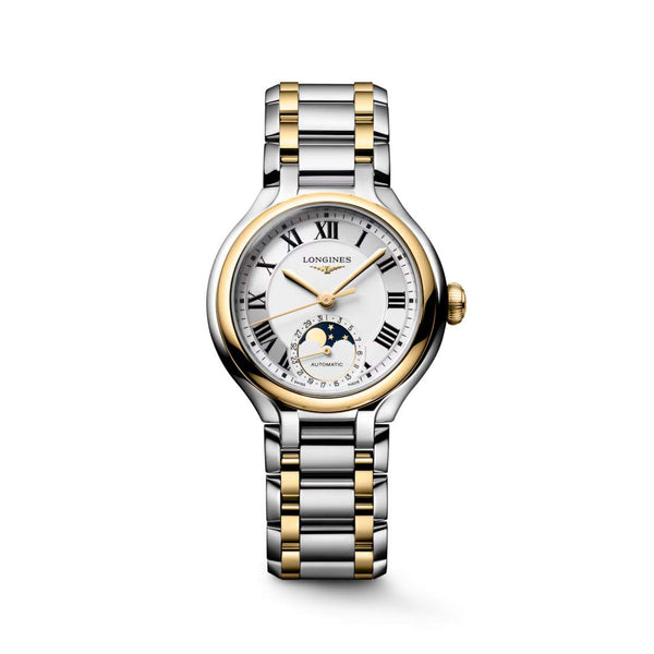 LONGINES 浪琴 PrimaLuna 新月系列羅馬時標月相優雅機械不鏽鋼及18k黃金女錶 34mm L81265797