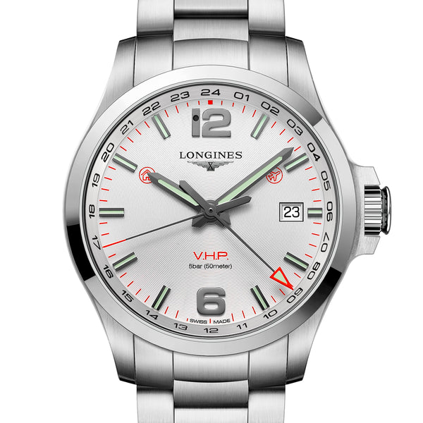 LONGINES 浪琴征服者系列超精準V.H.P. GMT 兩地時區萬年曆石英腕錶 43mm L37284766