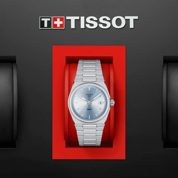 TISSOT 天梭 PRX 系列復古時尚石英腕錶冰藍面 35mm T1372101135100