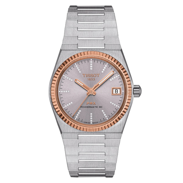 TISSOT 天梭 PRX 系列80小時自動款機械腕錶 18k玫瑰金錶圈鑽面 35mm T9312074133600