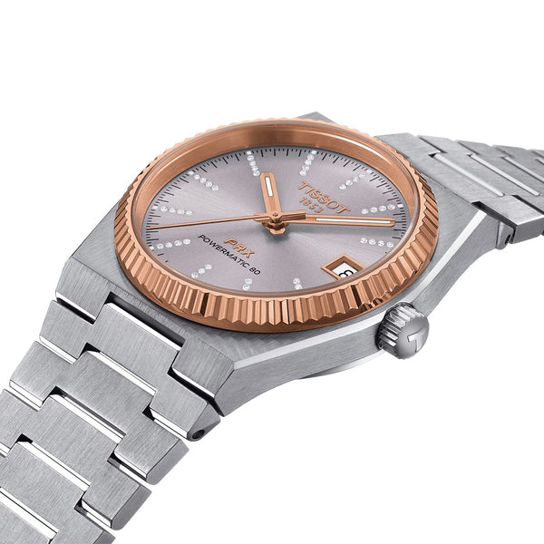 TISSOT 天梭 PRX 系列80小時自動款機械腕錶 18k玫瑰金錶圈鑽面 35mm T9312074133600