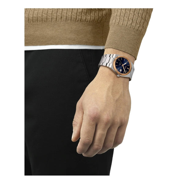 TISSOT 天梭 PRX Powermatic 80 機械腕錶 18k玫瑰金錶圈藍面 T9314074104100