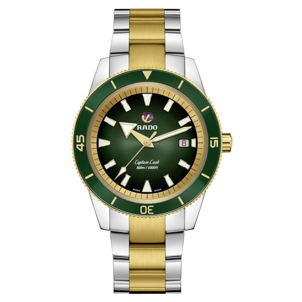 RADO 雷達錶 Captain Cook 庫克船長300米PVD黃金綠面陶瓷潛水腕錶 42mm R32138303