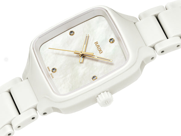 RADO 雷達錶 TRUE Squre 真我系列方形白陶瓷石英鑽母貝腕錶 29mm R27072902