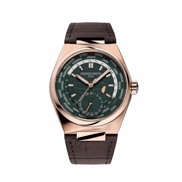 Frederique Constant 康斯登 HIGHLIFE 自製機芯世界時區18k玫瑰金台灣限定腕錶綠 41mm